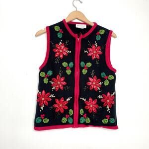 Vintage 90s Kitschy Cottagecore Poinsettia Embroidered Beaded Christmas Sweater